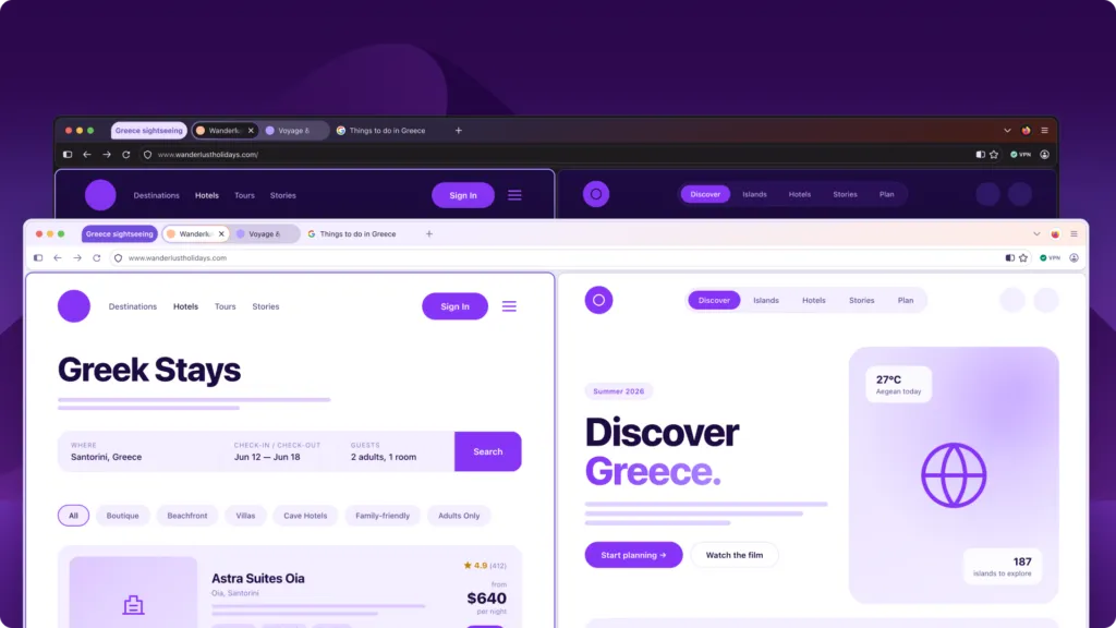 irefox browser windows showing Greece travel tabs and hotel booking pages